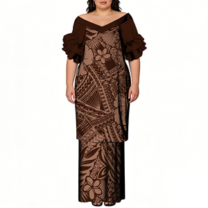 Nouvelle tenue Puletasi personnalisée pour femme, imprimé tribal polynésien, épaules dénudées, manches à volants, motif <span class=keywords><strong>tatouage</strong></span> samoan, jupe longue 2 pièces, vacances à la plage - Product Image 1