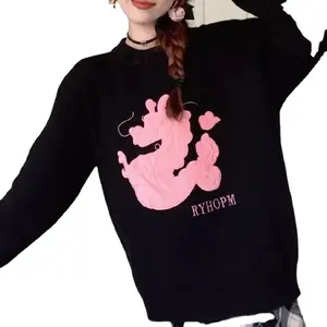 2024 Spring and autumn high-quality best-selling girls animated dragon embroidered round neck loose knitted cartoon sweater