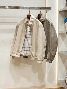 Giacca Bomber in <span class=keywords><strong>Lino</strong></span> 100% Stile Old Money Primaverile da <span class=keywords><strong>Uomo</strong></span> Casual Ecologica con Logo Frontale e Colletto Rialzato - Product Image 2