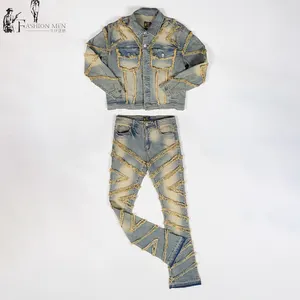 Denim Factory Custom stampa da uomo 2 pezzi giacca e pantaloni in Denim Set di Jeans abiti da uomo