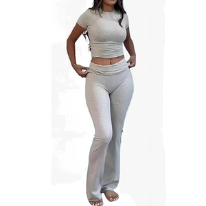 Conjunto Deportivo de 1 Pieza para Mujer, Top Corto de Manga Corta Ajustado, Leggings de Cintura Elástica, para Gimnasio, Yoga, Resistente al Viento - Product Image 1