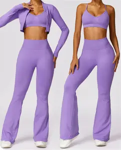 Seamless 3 Piece Yoga Sets Fitness Sport Bra And Pants Tracksuit Casual Zipper Cropped Jacket Yoga Suit 3 Piece Sets For Women