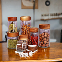 Petit bocal de rangement en verre borosilicate fait main avec couvercle en bois d'acacia pour épices et herbes