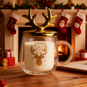 Großhandel 340ml Weihnachts-Wunschbecher Goldene Geweihförmige Tassen Doppelwandige Glasbecher mit Deckel - Product Image 1