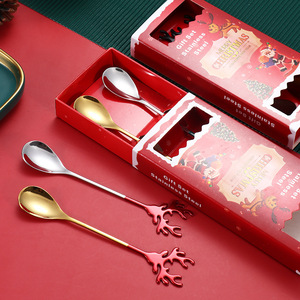 Cuillère en acier inoxydable 304, cuillère en forme d'elchon style nordique, coffret cadeau de Noël, cuillère à café, cuillère nid d'oiseau, cadeau du Nouvel An. - Product Image 4