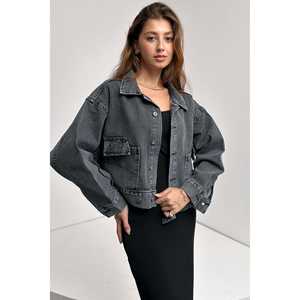 Chaqueta vaquera asimétrica negra con detalle de botones en la cintura, abrigo de algodón para mujer - Product Image 3