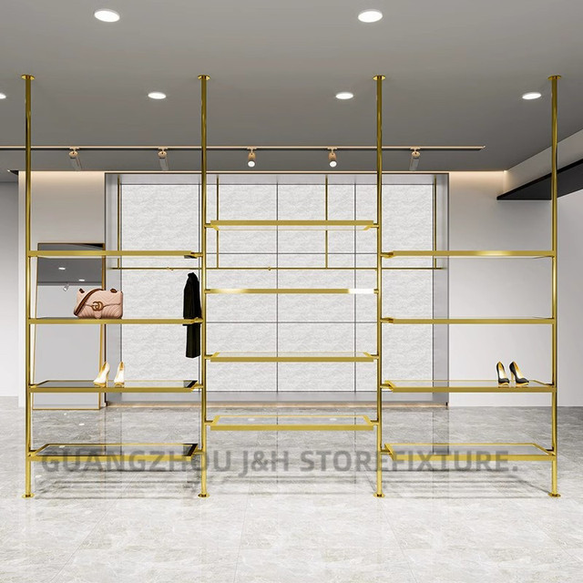 Customized Wall Shelf Shoe Retail Store Shelving System Ceiling Mounted Mirror Gold Acrylic Handbag Boutique Display Shelves