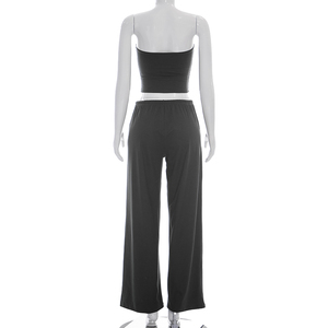 Viviblook D26ST119 Ensemble pantalon d'été pour femme Nouveau ensemble deux pièces décontracté couleur unie avec crop top sans bretelles et pantalon droit à cordon de serrage - Product Image 3