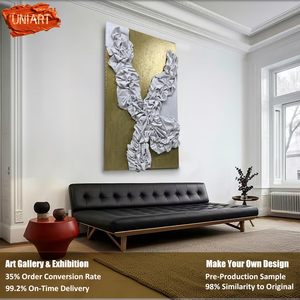Scultura in Tessuto con Rilievo a Tecnica Mista per Interni, Decorazione Artistica in Gesso, Pittura Murale Astratta 3D Personalizzata in Acrilico Dorato Metallizzato - Product Image 6