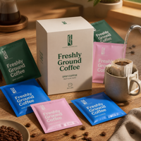 Sachet d'emballage extérieur pour café filtre noir mat imprimé sur mesure, 10g 12g, scellé sur trois côtés, vide, thermoscellable, doublé aluminium