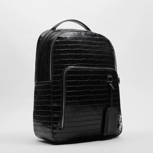 Ransel Travel Croc kulit Vegan Pria ransel Label kulit hitam modis Logo kustom untuk pria