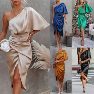 2022 Ladies Evening Party Satin Ruffle Irregularity One Shoulder Sleeve Women Dress Formal Elegant Party Dresses