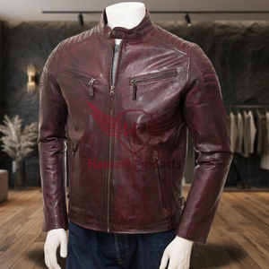 Veste de motard en cuir Oxblood de qualité supérieure pour homme avec couette côtelée futuriste détaillant un design influencé par la performance - Product Image 3