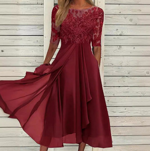 Abito in Chiffon con cuciture in pizzo traforato da sera da damigella d'onore abbigliamento donna - Product Image 4