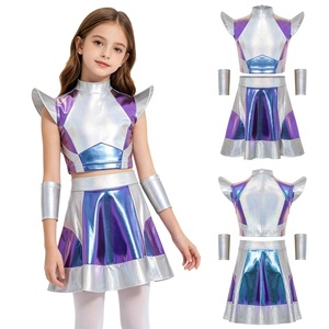 Girls Space Costumes Metallic <b>Crop</b> <b>Top</b> Pleated <b>Skirt</b> Iridescent Shoulder Pads Futuristic Dance Cheer Performance Wear Custom - Product Image 2