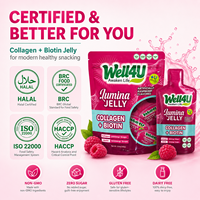 Bâtonnets de gelée de collagène à la framboise acidulée et sucrée, infusés à l'hibiscus, en pack, collation saine, prêt à la vente au détail pour les fournisseurs