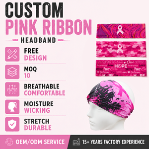 Diadema Deportiva Reversible Personalizada con Cinta Rosa para Concientización sobre el Cáncer <span class=keywords><strong>de</strong></span> Mama, Elástica y con Logotipo Impreso en Toda la Superficie - Product Image 1