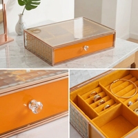 Boîte à bijoux en verre en gros avec tiroir en velours orange, organisateur de rangement pour bijoux à compartiments et bouton en cristal pour la vente au détail
