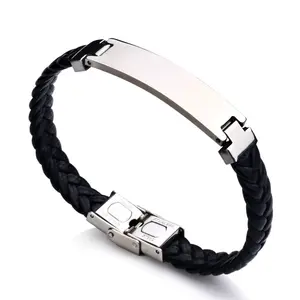 Wholesale and retail support customized pattern logo stainless steel leather braided bracelet men and women fashion accessories