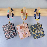 Dompet Baru Warna Solid Motif Bunga Stroberi Resleting Vertikal Dompet Koin Kulit PU Gelang Silikon Tempat Kartu Gantungan Kunci
