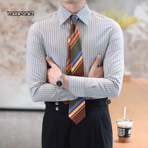 <span class=keywords><strong>Camicia</strong></span> da <span class=keywords><strong>uomo</strong></span> Business Casual Slim a maniche lunghe per la primavera estate a righe alla moda Design antirughe traspirante senza ferro - Product Image 4