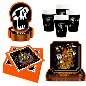 DAMAI Nouvel ensemble de vaisselle pour fête d'Halloween, éléments pirates, assiettes en papier et design tête de mort pour les fournitures d'Halloween, sert 8 invités - Product Image 5