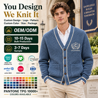 Kardigan Rajut Pria V-Neck Kancing Depan Bertekstur Jaket Rajut Logo Bordir Aksen Kontras Pakaian Rajut Kasual OEM ODM Grosir