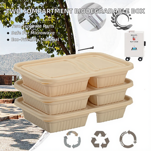 Two Compartment Rectangular <b>Takeaway</b> Food <b>Container</b> With Lid Disposable Bagasse Lunch Box 35oz Minimalist Style - Product Image 2
