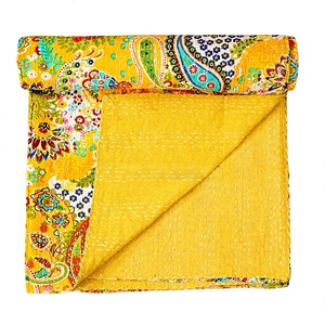 high quality Handmade yellow paisley Printed Vintage Eco-Friendly Season <b>Double</b> Size Organic 100%Cotton Kantha Spread Printing - Product Image 1