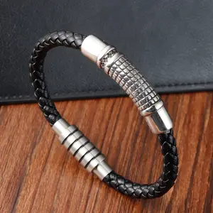 High Quality Hand Accessories Jewelry Custom Logo Stainless Steel Charm Magnet Clasp Genuine Real Leather Bracelet Men