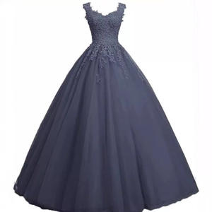 Gaun malam tanpa lengan biru dongker Amerika baru Eropa sifon sepanjang lantai dengan jaring renda untuk pesta dansa di AliExpress - Product Image 1