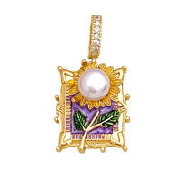 Pendentif Collier Fleur Émaillée Romantique Monet Garden Oil Painting Pearl Charm, Bijou Vintage Français