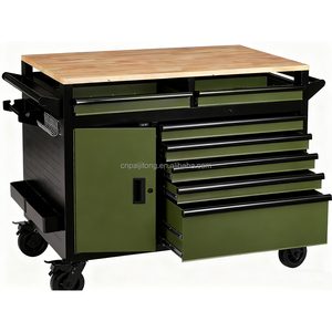 Établi en métal avec coffre à outils à 7 tiroirs avec revêtement en poudre supérieur en bois avec serrure à clé verrouillable et roues - Product Image 1