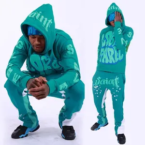 Oem Custom Fabrikant Katoenen Poff Print Hoodie En Joggingbroek Jogger Set Trainingspak Trainingspak Flare Trainingspak Voor Mannen