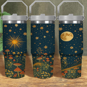 แก้วน้ำเก็บอุณหภูมิ 30 ออนซ์ ลายพระอาทิตย์ พระจันทร์ และเห็ด พร้อมหูจับ สไตล์โบโฮ ท้องฟ้าเต็มดาว แก้วเดินทาง สินค้าจากสหรัฐอเมริกา ของขวัญสุดเท่สำหรับคนรักธรรมชาติและสไตล์โบโฮ - Product Image 1