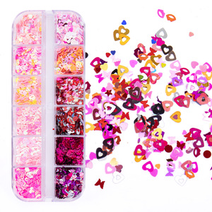 12 compartiments de flocons 3D en forme de cœur et de fleur, couleurs assorties, en plastique, accessoires de décoration pour ongles pour la Saint-Valentin - Product Image 3