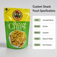 Zakje met gusseted bodem, ritssluiting, voor bananenchips, fruitchips, tropische snacks, distributeur, retailer, lage minimale bestelhoeveelheid