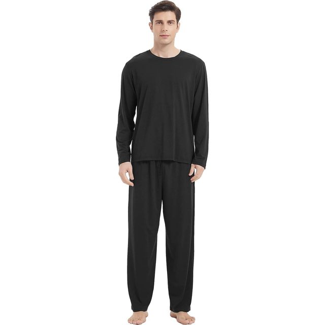 Men's Pajama Set Soft Bamboo Viscose Long Sleeve Sleepwear with Pockets Relaxed Fit Elastic Waistband