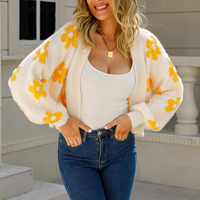Cardigan élégant et tendance pour jeunes femmes, en tricot avec motif floral en intarsia et fourrure de lapin duveteuse, col en V profond