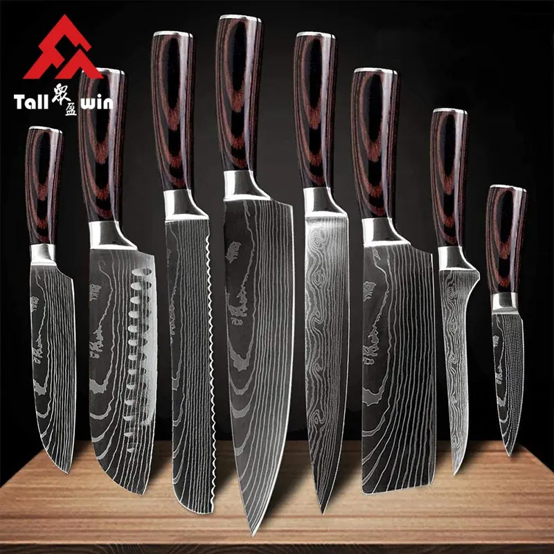 Cuchillo de chef superafilado, utensilio profesional de cocina alemán, japonés, pakka, mango de madera, patrón láser de acero de Damasco