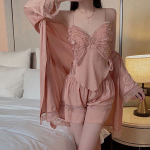 Conjunto de Pijama Sexy de Satén con Top Halter y Escote en V Profundo para Mujer, con Relleno y Fruncido, Venta al por Mayor - Product Image 3