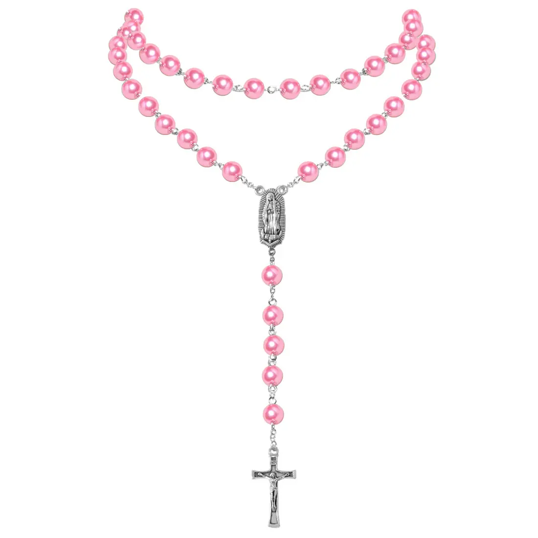 Ximai Katholiek Roze Paars Wit Blauw Parel Kettingen Parel Kralen Rozenkrans Ketting Met Maagdelijke Mary Medaille & Cross Mode Sieraden