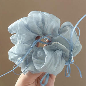 Coleteros de malla de color liso con lazo de perlas dulces de 12 cm para mujer, accesorios para el cabello - Product Image 4