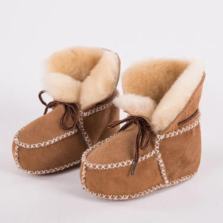 Wholesale Infants Warm Fur Wool Girls Baby Cow Suede Leather Moccasin Sheepskin Baby Boots Winter