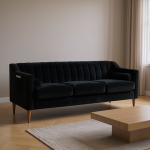 Sofá Chesterfield Moderno de 3 Plazas, Tapizado en Terciopelo, Patas de Madera, Muebles Negros para Sala de Estar - Product Image 2