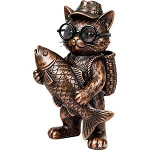 Balık Tutma Kedisi Figürü, Balık, Şapka ve Sepetli Reçine Heykelcik, Ev ve Bahçe İçin Tuhaf Bir Dış Mekan Dekorasyonu, Toptan Özel Figür Heykeli - Product Image 1