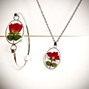 नए रचनात्मक असली गुलाब फूल राल गहने महिलाओं/लड़की के सूखे फूल गहने सेट नेकलेस और बालियां सेट - Product Image 4