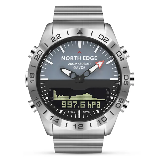 NORTH EDGE Men Dive Sports Digitaluhr Quarz Luxus Full Steel Business Wasserdichte 200m Höhenmesser Kompass Herren uhren