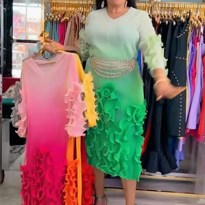 Abaya Factory vendi abiti da donna eleganti alla moda con volant colore sfumato miyake plissettato plus size abiti da donna
