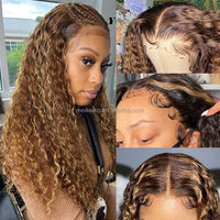 Perruque en cheveux humains bouclés Pixie 13x4 Lace Front, couleur ombrée blonde, Deep Wave, avec cordon de serrage et frontale HD